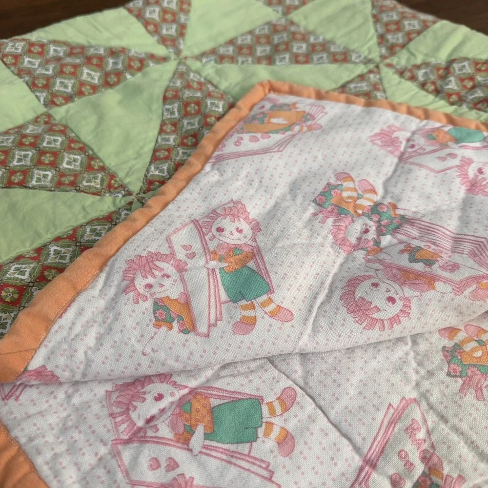 Vintage Throw Quilt Blanket Green Orange Raggedy Anne Cotton Patchwork 34
